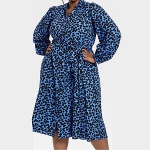 AVA & VIV Blue Black Polka Dot Dress Size XXL Balloon Sleeve Button Down Artsy